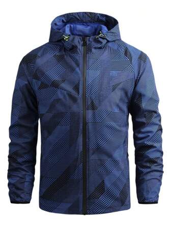 男士幾何印花拉鏈開襟抽繩連帽夾克
