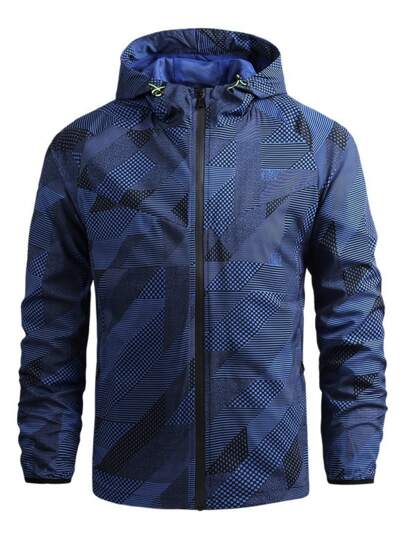 Uomo Giacche con stampa geo con zip con coulisse con cappuccio