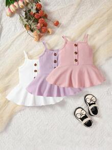 嬰兒3入組紐扣細節荷葉擺吊帶上衣 - 彩色 - 查看 1