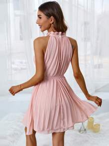 Aveloria Solid Belted Halter Neck Pleated Hem Dress