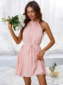 Aveloria Solid Belted Halter Neck Pleated Hem Dress