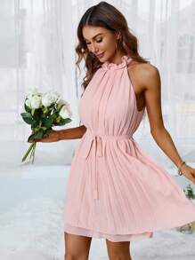 Aveloria Solid Belted Halter Neck Pleated Hem Dress