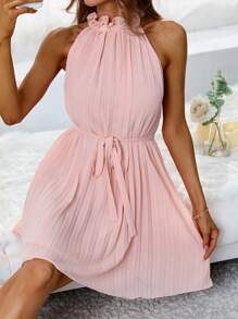 Aveloria Solid Belted Halter Neck Pleated Hem Dress
