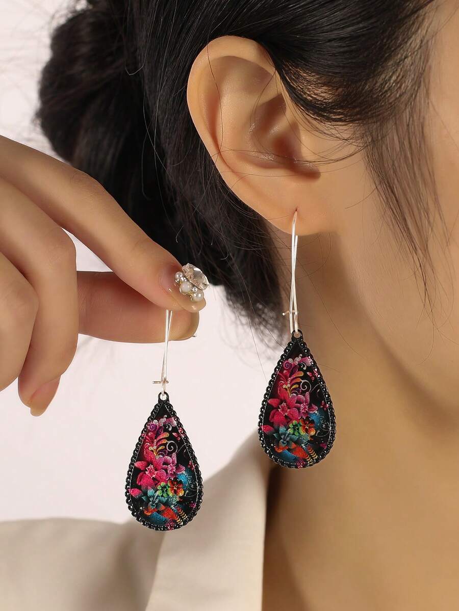 Hoa tai giọt nước họa tiết hoa - Nhiều màu - Xem 1