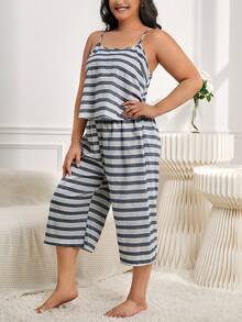 Plus 条纹印花吊带背心和七分裤睡衣套装 / 睡衣套装 - 彩色 - 查看 5
