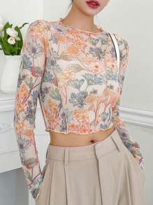 DAZY Floral Print Top-stitching Crop Mesh Top - Multicolor - View 1