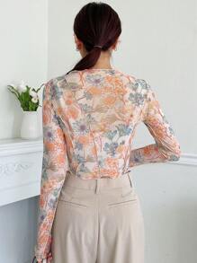 DAZY Floral Print Top-stitching Crop Mesh Top - Multicolor - View 2