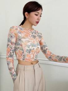 DAZY Floral Print Top-stitching Crop Mesh Top - Multicolor - View 4