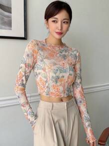 DAZY Floral Print Top-stitching Crop Mesh Top - Multicolor - View 6