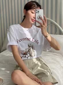 DAZY Áo thun nữ Hoạt hình Lá thư Giải trí - trắng - Xem 2