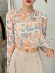 DAZY Floral Print Top-stitching Crop Mesh Top - Multicolor - View 8