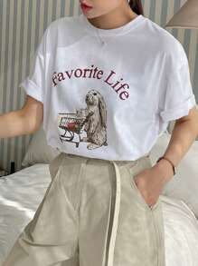 DAZY Áo thun nữ Hoạt hình Lá thư Giải trí - trắng - Xem 4