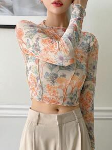 DAZY Floral Print Top-stitching Crop Mesh Top - Multicolor - View 9