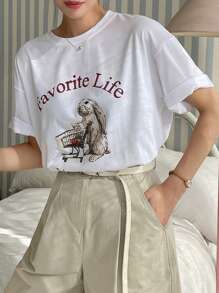 DAZY Áo thun nữ Hoạt hình Lá thư Giải trí - trắng - Xem 6