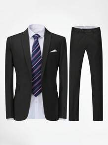 CLOUDSTYLE Men 1pc Single Button Blazer & 1pc Suit Trousers - Black - View 1
