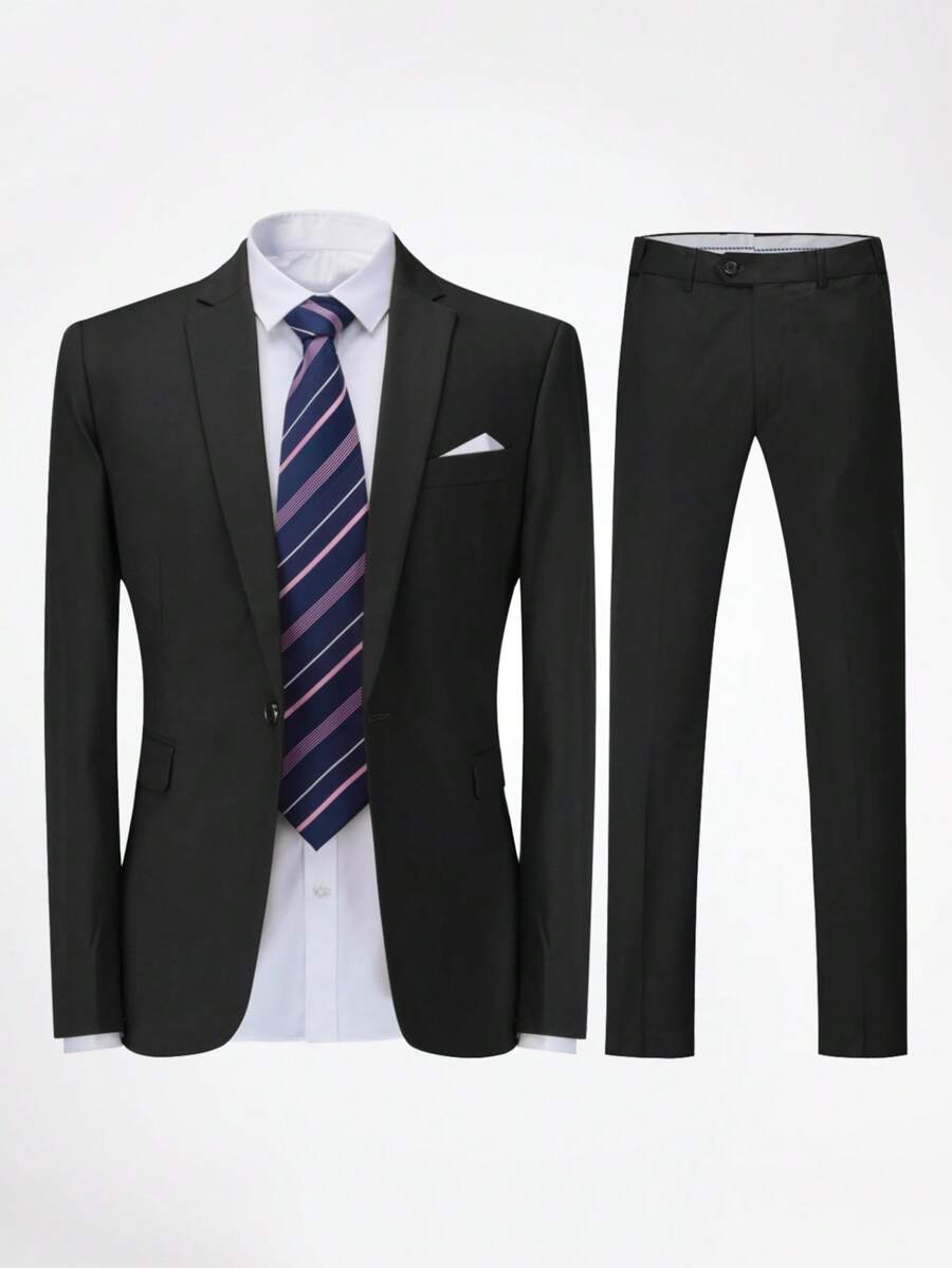 CLOUDSTYLE Men 1pc Single Button Blazer & 1pc Suit Trousers - Black - View 1