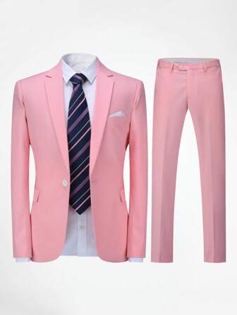 CLOUDSTYLE Men 1pc Single Button Blazer & 1pc Suit Pants