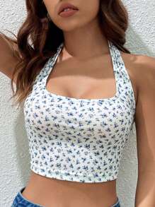 SHEIN EZwear 碎花露背繞頸短上衣