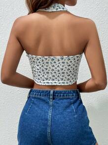 SHEIN EZwear 碎花露背繞頸短上衣