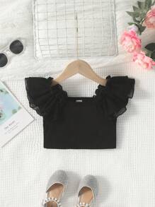 Top en capas de gasa negro para niña joven con mangas con volantes y dobladillo dulce enrollado para el verano - Negro - Ver 1