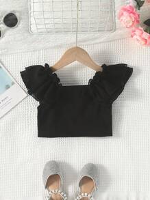 Top en capas de gasa negro para niña joven con mangas con volantes y dobladillo dulce enrollado para el verano - Negro - Ver 2