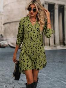 SHEIN Clasi Vestido con estampado de manga enrollada - Verde Oliva - Ver 5