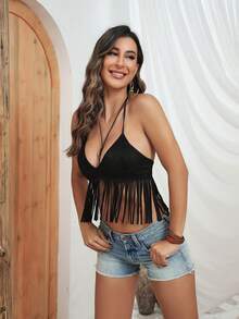 RELISH NOLESS Trang phục mùa xuân hè cho phụ nữ, buổi hòa nhạc đồng quê, kỳ nghỉ thường ngày, trang phục phương Tây, áo tua rua da lộn Boho - màu đen - Xem 4