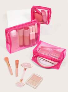 3pcs/Set Mesh Toiletries Storage Bag. Daily Fashion Pink Zipper Make Up Organizer Bag For Travel,Boho Vibes