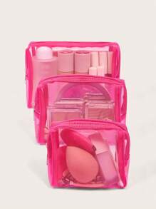 3pcs/Set Mesh Toiletries Storage Bag. Daily Fashion Pink Zipper Make Up Organizer Bag For Travel,Boho Vibes