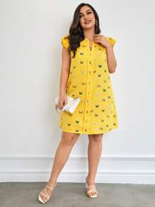 SHEIN Clasi Taglie Forti Abiti con stampa farfalla scollo dentellato manica a farfalla