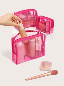 3pcs/Set Mesh Toiletries Storage Bag. Daily Fashion Pink Zipper Make Up Organizer Bag For Travel,Boho Vibes