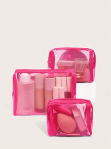 3pcs/Set Mesh Toiletries Storage Bag. Daily Fashion Pink Zipper Make Up Organizer Bag For Travel,Boho Vibes
