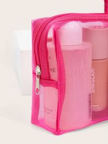 3pcs/Set Mesh Toiletries Storage Bag. Daily Fashion Pink Zipper Make Up Organizer Bag For Travel,Boho Vibes