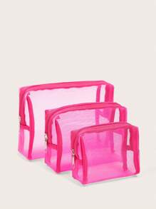 3pcs/Set Mesh Toiletries Storage Bag. Daily Fashion Pink Zipper Make Up Organizer Bag For Travel,Boho Vibes