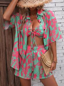 SHEIN VCAY 印花落肩袖襯衫和短褲和抹胸上衣 - 彩色 - 查看 5