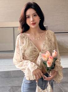 DAZY Áo kiểu crop top tay bồng thắt nút phía trước in hoa, trang phục đi nghỉ mát cho nữ. - Nhiều màu - Xem 6