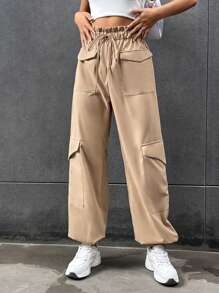 SHEIN Unity Flap Pocket Side Drawstring Waist Cargo Trousers - Khaki - View 1