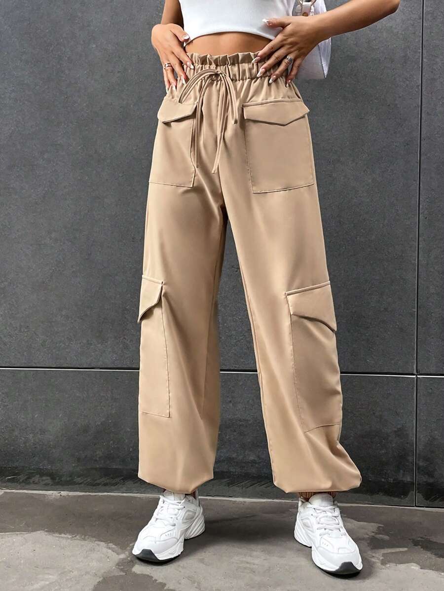 SHEIN Unity Flap Pocket Side Drawstring Waist Cargo Trousers - Khaki - View 1