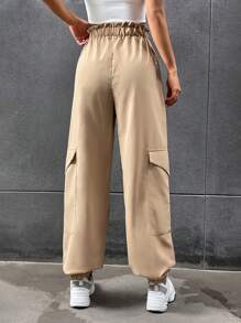 SHEIN Unity Flap Pocket Side Drawstring Waist Cargo Trousers - Khaki - View 2