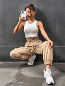SHEIN Unity Flap Pocket Side Drawstring Waist Cargo Trousers - Khaki - View 3