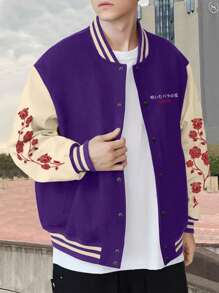 Manfinity Men 1pc Floral & Letter Graphic Striped Trim Drop Shoulder Varsity Jacket - Purple - View 3
