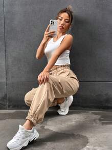 SHEIN Unity Flap Pocket Side Drawstring Waist Cargo Trousers - Khaki - View 4