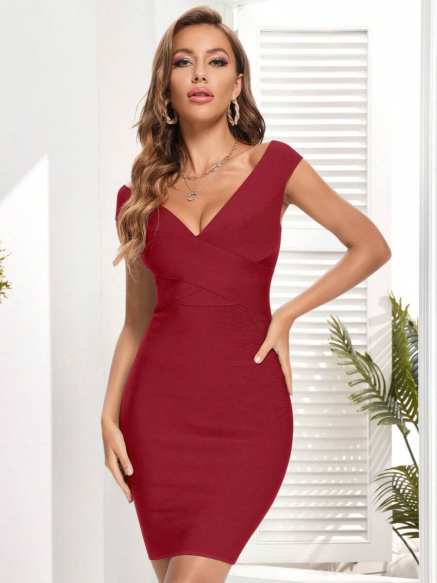 交叉圍裹素色緊身連衣裙 - 酒紅色 - 查看 1