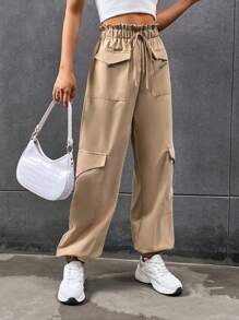 SHEIN Unity Flap Pocket Side Drawstring Waist Cargo Trousers - Khaki - View 5