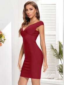 交叉圍裹素色緊身連衣裙 - 酒紅色 - 查看 3