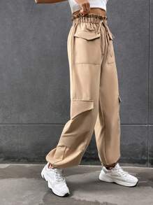 SHEIN Unity Flap Pocket Side Drawstring Waist Cargo Trousers - Khaki - View 6