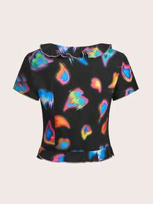 SHEIN ICON Rave Heart Print Xà lách Trim Knot Crop Top - màu đen - Xem 3