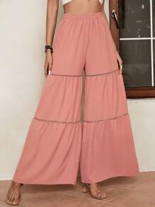 SHEIN VCAY Pantalones de pierna ancha unicolor bajo con fruncido - Rosa vieja - Ver 5