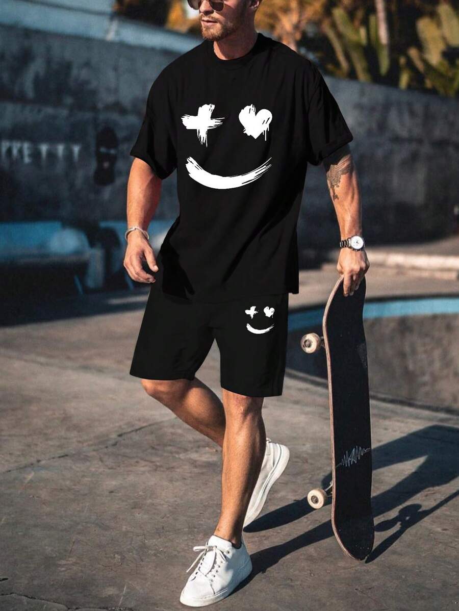 Manfinity LEGND Men Plus Cartoon Graphic Tee & Shorts - Black - View 1