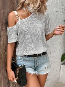 SHEIN LUNE Blusa asimétrica con cuello con detalle de cadena y lentejuelas para ropa de fiesta de Año Nuevo - Plateado - Ver 6